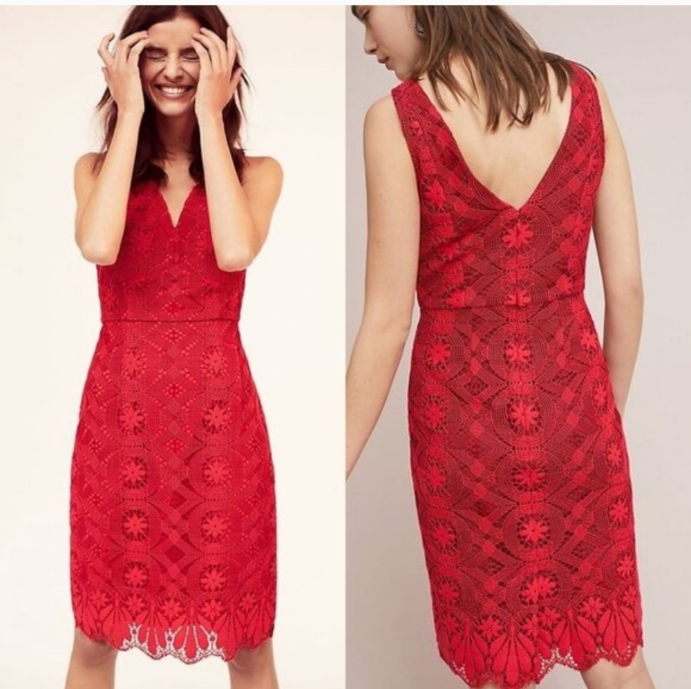 NWT Maeve Camari Lace Column V Neck Dress Red Size 12 Cocktail Wedding